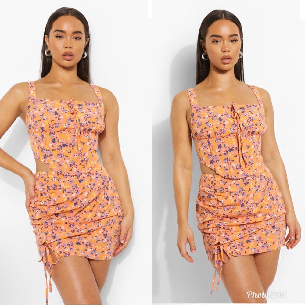 Boohoo RUCHED BUST CORSET TOP & MINI SKIRT 2 piece set CO-ORD